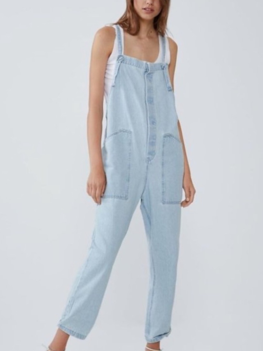 Zara Lightweight Denim Baggy Overalls Light Wash Sz S